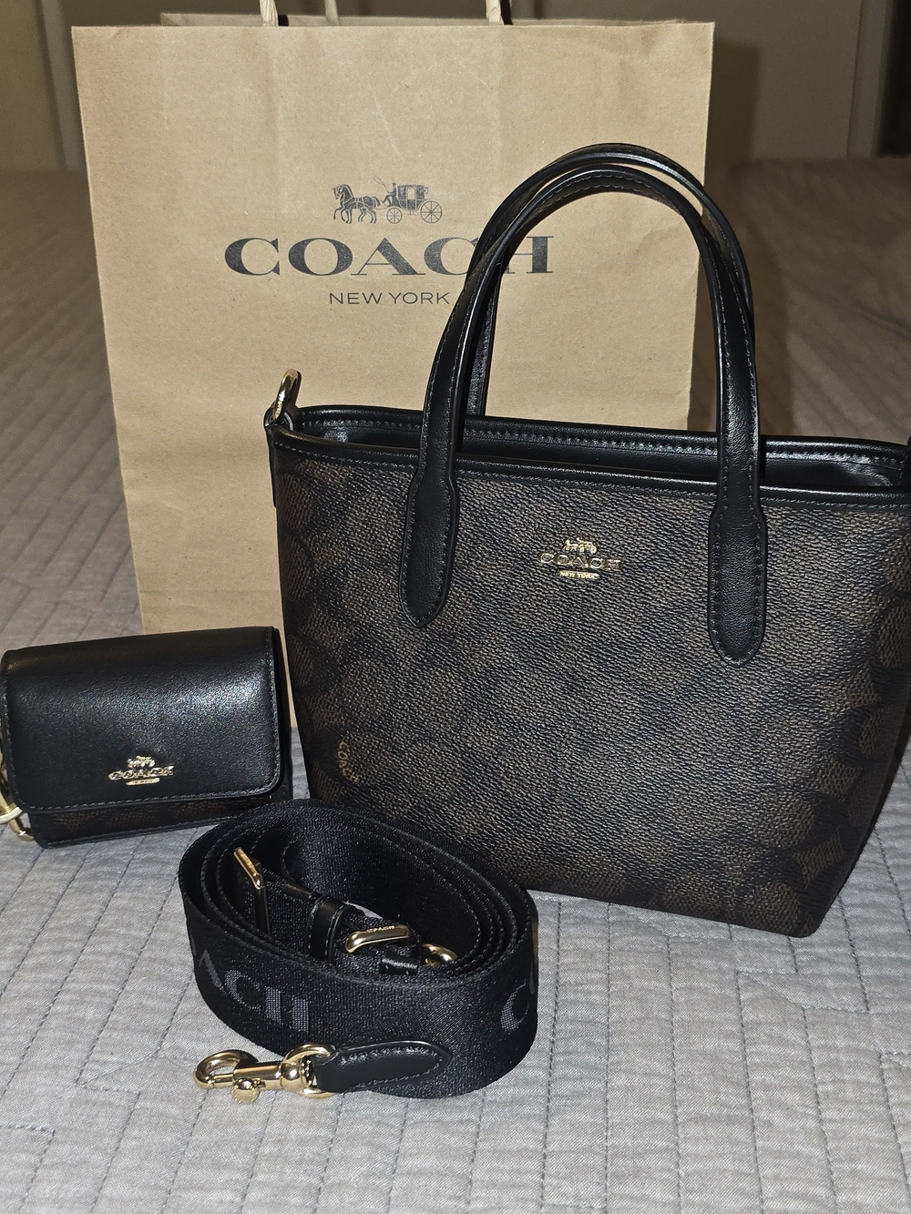 COACH CITY MINI TOTE in Brown/Black with Removable Strap And Charm Bag